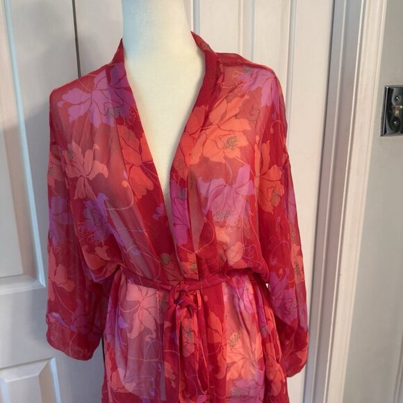 Victoria’s Secret Women’s Size OS Robe Chiffon Sheer Red Pink Floral Intimate - Picture 6 of 12